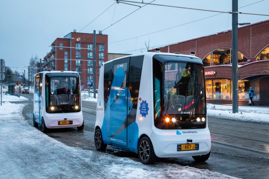 Auve Tech autonomous shuttles on the road in Finland Tampere Hervanta