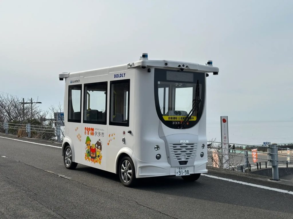 Auve Tech autonomous bus MiCa operated by Boldly driving on a coastal road in Iyo City, Japan