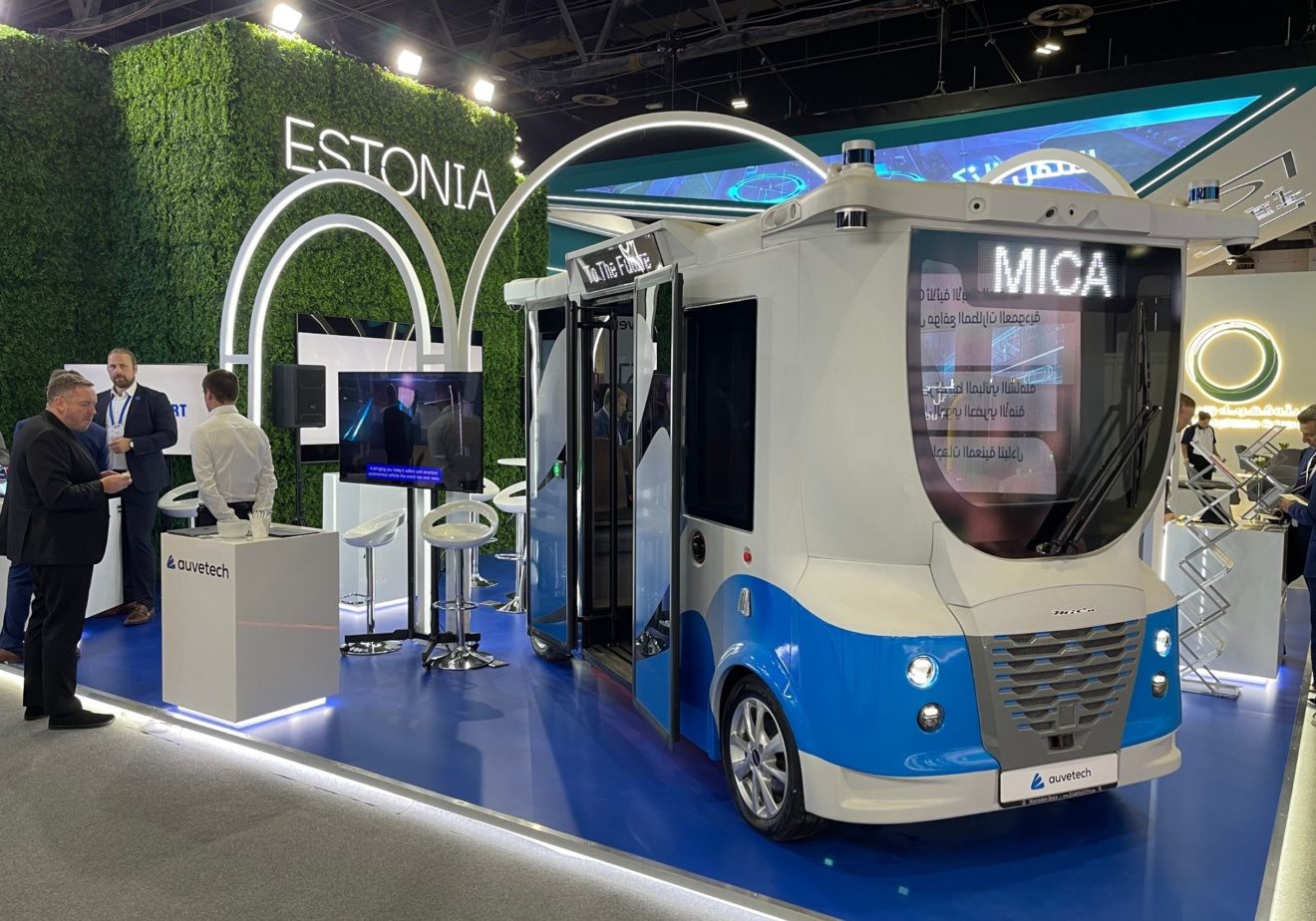 Auve Tech MiCa autonomous shuttle displayed at ITS World Congress 2024, highlighting Estonia’s innovative self-driving technology in urban transportation.