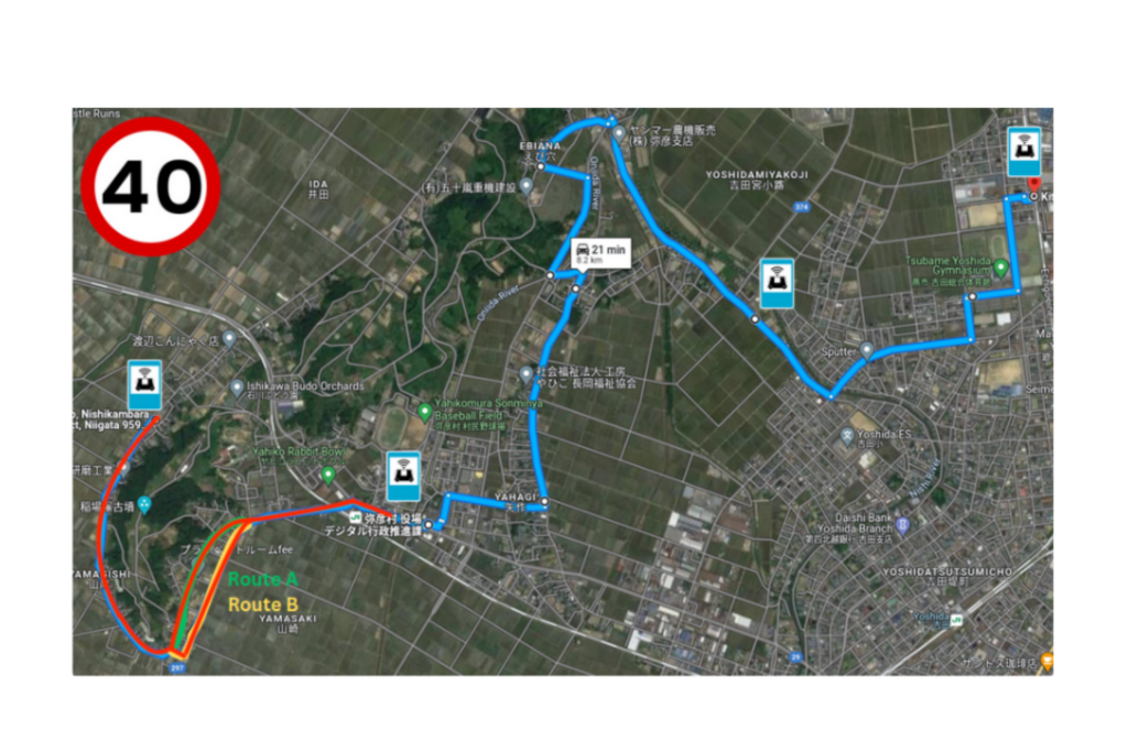 Map of Yahiko, Japan, showing routes of MiCa autonomous buses manufactured by Auve Tech, with stops and speed limit indicators.