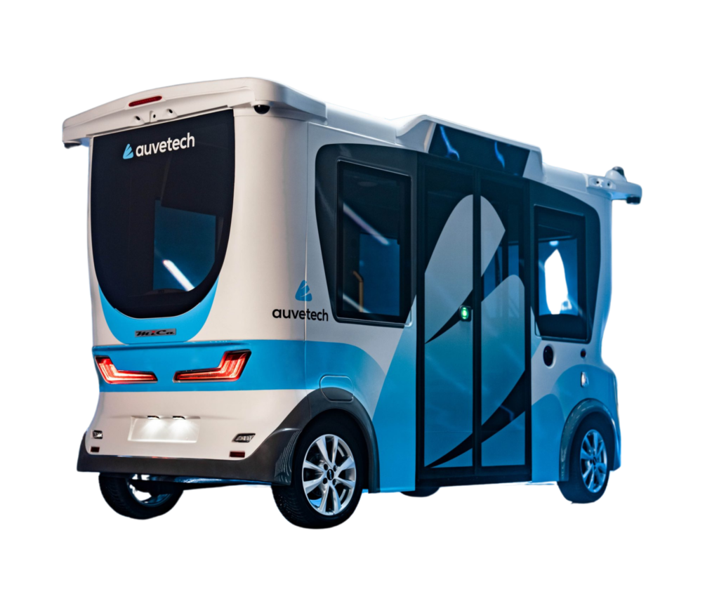 Auve Tech MiCa autonomous shuttle in blue and white, featuring modern LED lighting, viewed from the rear side.